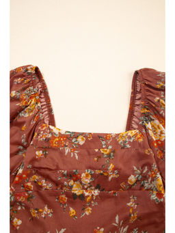 PARTIQ - Red Floral Puff Sleeve Square Neck Knot Open Back Mini Dress