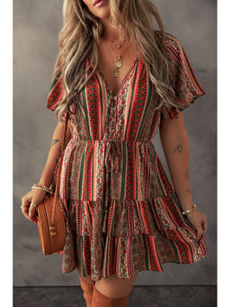 PARTIQ - Red Bohemian Floral Print Buttoned V Neck Ruffle Tiered Dress