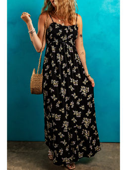 PARTIQ - Black Floral Spaghetti Strap Shirred Bodice Tied Empire Waist Maxi Dress