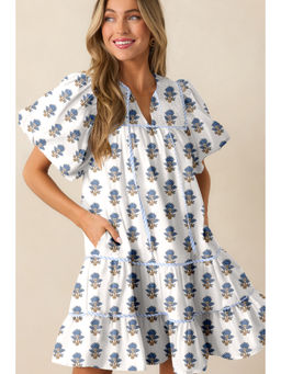 PARTIQ - Sky Blue Floral Puff Sleeve Tied Neck Pocketed Mini Dress