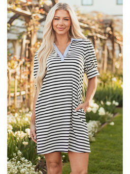 PARTIQ - Black Stripe Contrast V Neck Collared Puff Sleeve T Shirt Mini Dress with Pockets