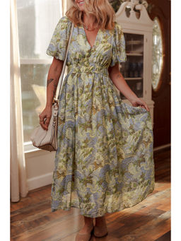 PARTIQ - Multicolour Vintage Floral V Neck Short Puff Sleeve Long Dress