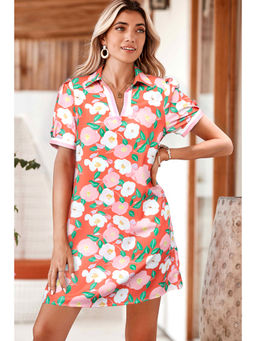 PARTIQ - Fresh Salmon Floral Print Contrast Striped Trim Polo Collar T Shirt Dress