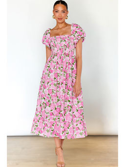 PARTIQ - Pink Dainty Floral Smocked Puff Sleeve Flowy Long Dress