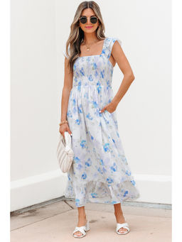 PARTIQ - Sky Blue Floral Smocked High Waist Double Ruffle Sleeveless Long Dress
