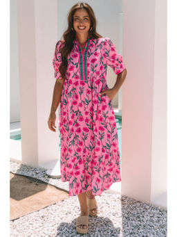 PARTIQ - Pink Floral Contrast Neckline A-line Puff Sleeve Long Dress