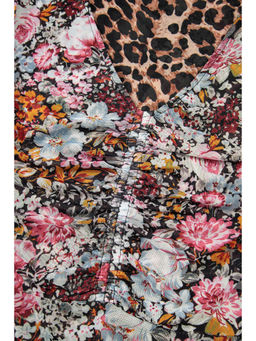 PARTIQ - Brown Mesh Leopard Floral Reversible V Neck Short Sleeve Dress