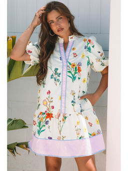 PARTIQ - White Floral Print Contrast Striped Patchwork Short Puff Sleeve Dress
