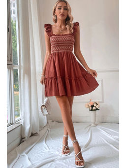 PARTIQ - Red Sandalwood Geometric Stitch Shirred Bodice Ruffled Trim Sleeveless Mini Dress