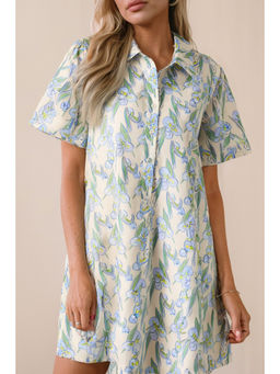PARTIQ - Green Floral Print Shirtcollar Buttoned Short Sleeve Shift Dress