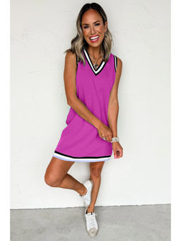 PARTIQ - Purple Orchid Color Contrast Trim V Neck Shift Sleeveless Mini Dress