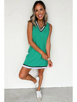 PARTIQ - Mint Green Color Contrast Trim V Neck Shift Sleeveless Mini Dress