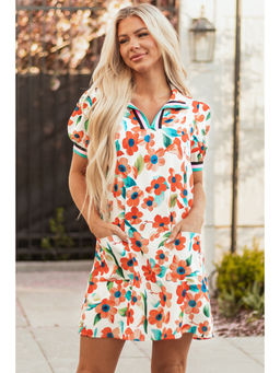 PARTIQ - Orange Contrast Trim Floral Split Neck Puff Short Sleeve Tiered Mini Dress