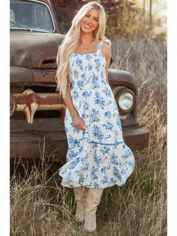 PARTIQ - Sky Blue Floral Print Shirred Knot Shoulder Sleeveless Long Dress