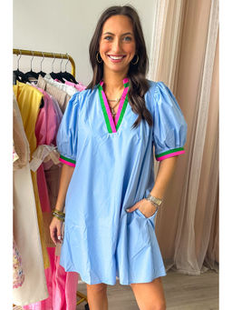 PARTIQ - Myosotis Contrast Striped Notched V Neck Puff Sleeve Mini Dress