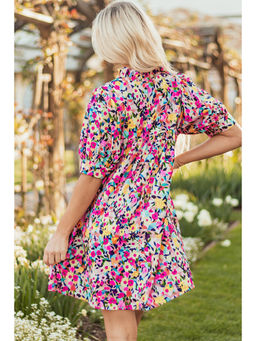 PARTIQ - Pink Floral Puff Short Sleeve V Neck Mini Dress