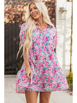 PARTIQ - Pink Floral Collared Half Placket Short Sleeve Loose Dress