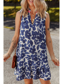 PARTIQ - Blue Floral Sleeveless Colorblock Notched V Neck Mini Dress