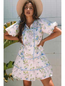 PARTIQ - Pink Floral Striped Print Contrast Trim Tie Split Neck Mini Dress