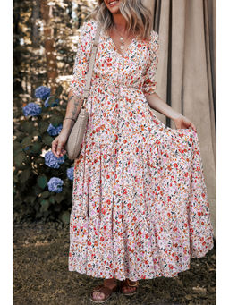 PARTIQ - Red Boho Half Sleeve Floral V Neck Maxi Dress