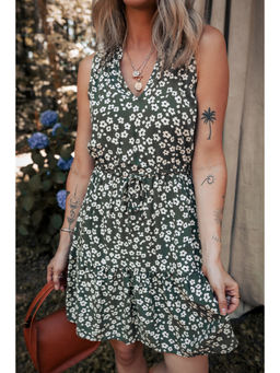 PARTIQ - Green Boho Floral Print V Neck Tunic Sleeveless Dress