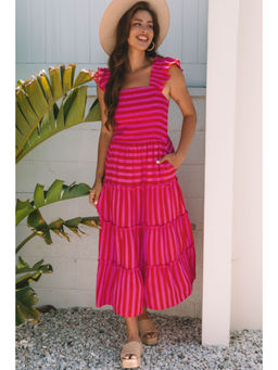 PARTIQ - Rose Stripe Flutter Sleeve Smocked Bodice Tiered Maxi Dress