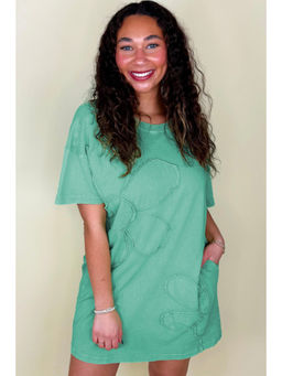 PARTIQ - Mint Green Mineral Wash Flower Patchwork Mini T Shirt Dress