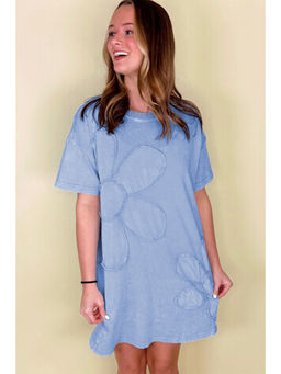 PARTIQ - Sky Blue Mineral Wash Flower Patchwork Mini T Shirt Dress
