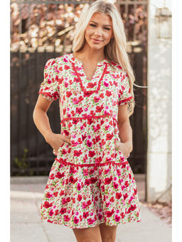 PARTIQ - Red Floral Puff Sleeve Tiered Ric Rac Pocketed Mini Dress