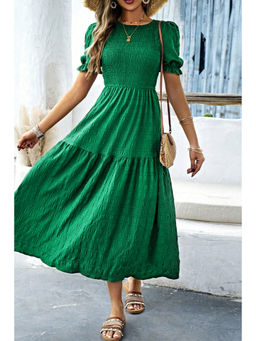 PARTIQ - Dark Green Solid Textured Smocked Puff Short Sleeve High Waist Long Dress