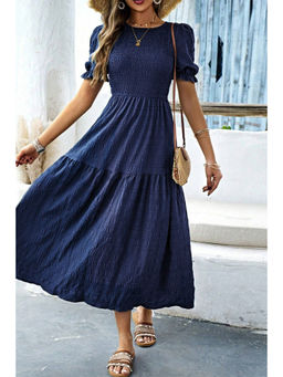 PARTIQ - Sail Blue Solid Textured Smocked Puff Short Sleeve High Waist Long Dress