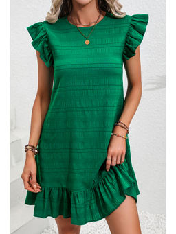 PARTIQ - Dark Green Textured Flutter Sleeve Ruffled Mini Dress