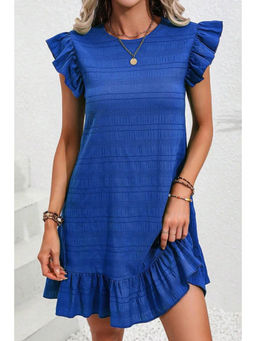 PARTIQ - Dark Blue Textured Flutter Sleeve Ruffled Mini Dress