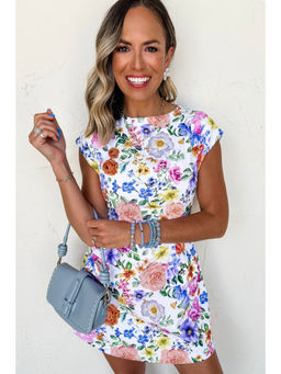 PARTIQ - Sky Blue Vibrant Floral Print Cap Sleeve Mini Dress