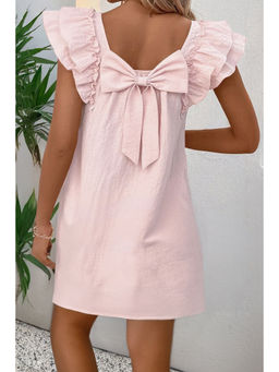 PARTIQ - Light Pink Textured Flutter Sleeve Square Neck Bow Back Mini Dress
