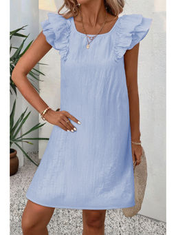 PARTIQ - Beau Blue Textured Flutter Sleeve Square Neck Bow Back Mini Dress