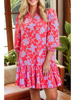 PARTIQ - Red Floral 3/4 Sleeve Ruffle Hem Mini Dress