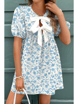 PARTIQ - Floral Contrast Bow Puff Sleeve Mini Dress