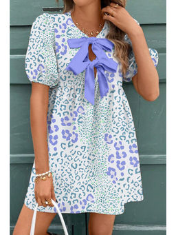 PARTIQ - Leopard Contrast Bow Puff Sleeve Mini Dress