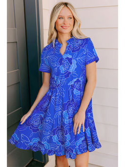 PARTIQ - Blue Floral Ruffled Hem V Neck Short Sleeve Flowy Mini Dress