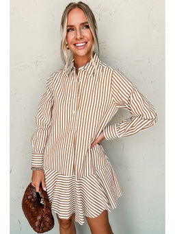 PARTIQ - Brown Stripe Ruffled Hem Collared Long Sleeve Shirt Mini Dress