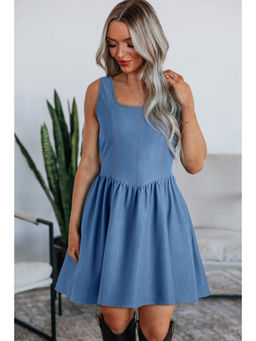 PARTIQ - Myosotis Square Neck Pleated Waist V Cut Backless Tied Fit and Flare Dress