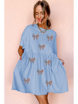 PARTIQ - Sky Blue Star and Stripes Sequin Bow Patched T Shirt Babydoll Dress