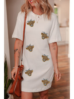 PARTIQ - White Cute Heifer Patched Crewneck Shift T Shirt Dress