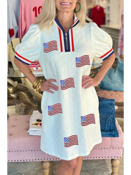 PARTIQ - White Textured Contrast Striped Detail Sequin Flag Patched Zip Collar T Shirt Dress