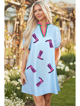 PARTIQ - Myosotis Sequined Cowgirl Boots Pattern Contrast V Neckline Half Puff Sleeve Dress