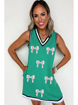 PARTIQ - Mint Green Contrast Striped Detail Glitter Baseball Patched V Neck Tank Dress