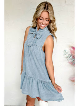 PARTIQ - Beau Blue Bowknot Neck Sleeveless Ruffled Chambray Dress