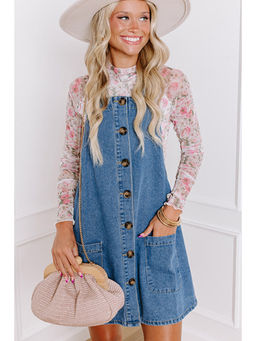 PARTIQ - Dusk Blue Wide Strap Button Front Pocketed Denim Mini Dress