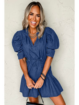 PARTIQ - Blue Drawstring High Waist Puff Sleeve Denim Mini Dress